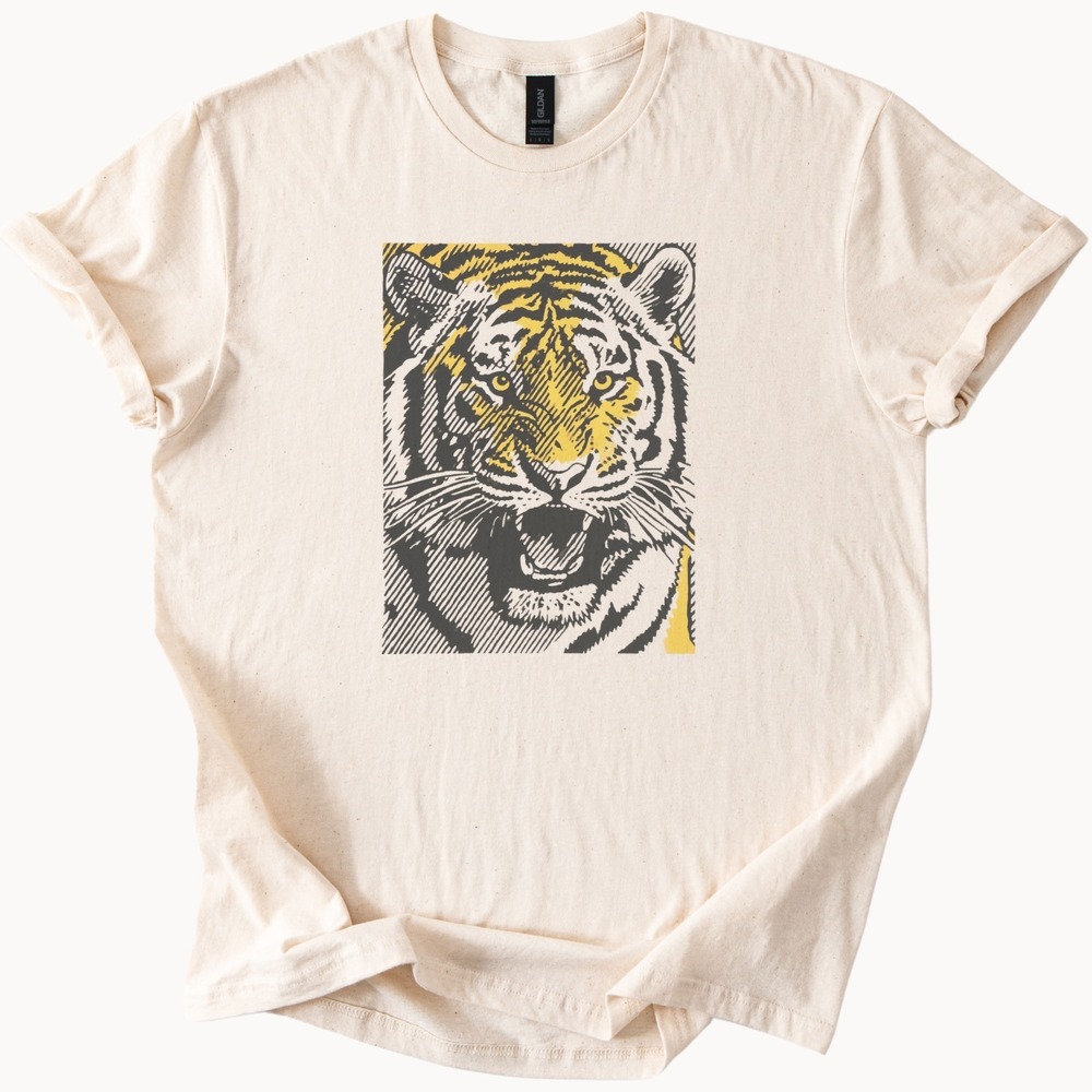 Roaring Tiger Face in Bold Hatching Line Art Tee